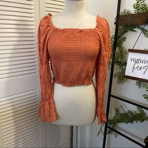 Wild Fable|L|Orange Square Neck Swiss Dot Long Sleeve Crop Top
